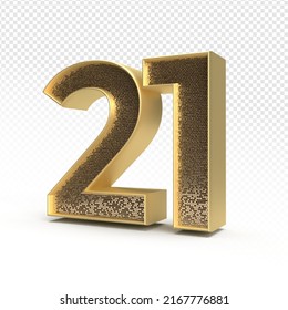 3D render number 21 luxury for anniversary, birthday, gold style
