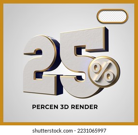 3D Render number 25% gold and white color transparent 