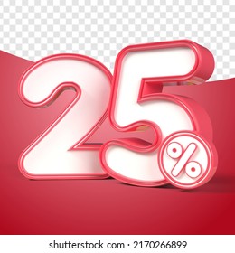 3D render number 25% percentage Red discount,progress,earning, PNG, transparent