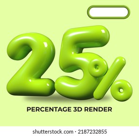 3D render number 25% percentage green plastic, balloon, sale discount, progress, shop kid sale