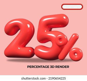 3D render number 25 % percentage RED plastic, balloon, sale discount, progress, shop kid sale