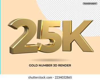 3D Render número 25K oro transparente, para seguidores de diseño de elementos medios sociales, 