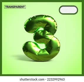 3D Render number 3 balloon color Green light metal, glosy, transparent 