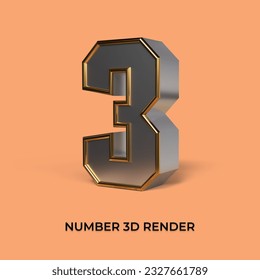 3d render number 3 SILVER GOLD STYLE