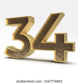 3D render number 34 luxury for anniversary, birthday, gold style