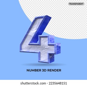 3D render number 4 plastic blue color transparent