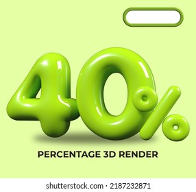 3D render number 40% percentage green plastic, balloon, sale discount, progress, shop kid sale