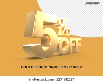 3D Render number 5% gold and white color transparent 