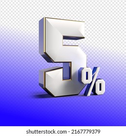 3D render number 5% percentage silver, blue,transparent