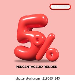 3D render number 5 % percentage RED plastic, balloon, sale discount, progress, shop kid sale