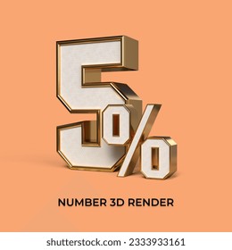 3d render  number 5% percentage gold and white