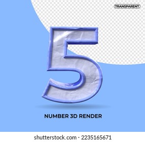 3D render number 5 plastic blue color transparent