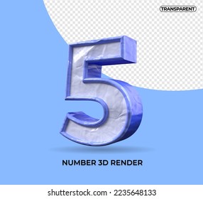 3D render number 5 plastic blue color transparent