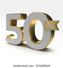 3D render number 50% luxury for anniversary, birthday, gold style