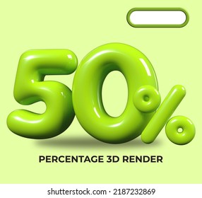 3D render number 50% percentage green plastic, balloon, sale discount, progress, shop kid sale