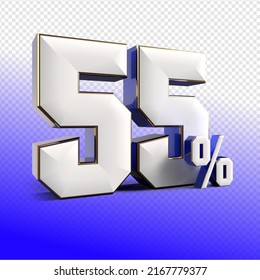 3D render number 55% percentage silver, blue,transparent