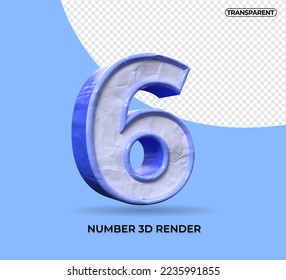 3D render number 6 plastic blue color transparent