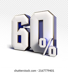 3D render number 60% percentage silver, blue,transparent