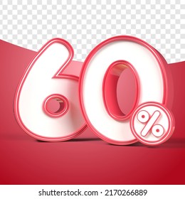 3D render number 60% percentage Red discount,progress,earning, PNG, transparent