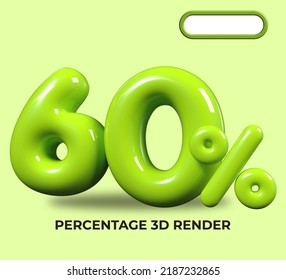 3D render number 60% percentage green plastic, balloon, sale discount, progress, shop kid sale