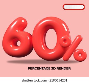 3D render number 60 % percentage RED plastic, balloon, sale discount, progress, shop kid sale