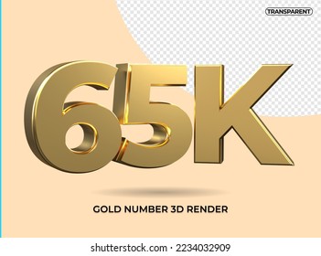3D Render number 65K gold transparent, for element design followers social media, 