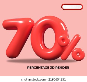 3D render number 70 % percentage RED plastic, balloon, sale discount, progress, shop kid sale