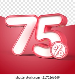 3D render number 75% percentage Red discount,progress,earning, PNG, transparent