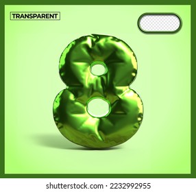 3D Render number 8 balloon color Green light metal, glosy, transparent 