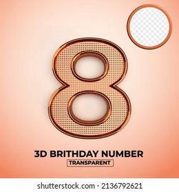 3D Render number 8 of brithday transparent element, gold style, easy copy