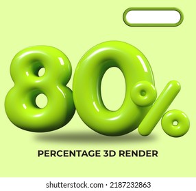 3D render number 80% percentage green plastic, balloon, sale discount, progress, shop kid sale