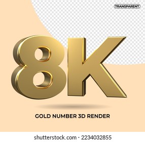3D Render número 8K oro transparente, para seguidores de diseño de elementos en medios sociales, 
