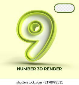 3D render number 9 green white colors for element design, kids number, cute number