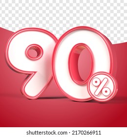 3D render number 90% percentage Red discount,progress,earning, PNG, transparent
