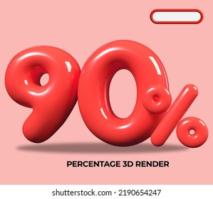 3D render number 90% percentage RED plastic, balloon, sale discount, progress, shop kid sale