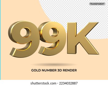 3D Render number 99K gold transparent, for element design followers social media, 