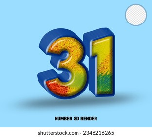 3D render number blue line with abstract colorfull glossy