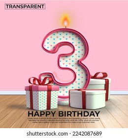 3D render number of Happy Birthday years. 3 anniversary of the birthday, Candle in the form of numbers with 3D gift elements. Vector illustration, pink color