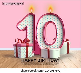 3D render number of Happy Birthday years. 10 anniversary of the birthday, Candle in the form of numbers with 3D gift elements. Vector illustration, pink color