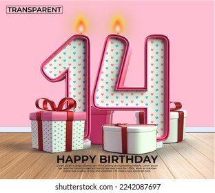 Número de entrega 3D de años de cumpleaños feliz. 14 aniversario del cumpleaños, Vela en forma de números con elementos de regalo 3D. Ilustración vectorial, color rosa