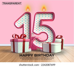 3D render number of Happy Birthday years. 15 anniversary of the birthday, Candle in the form of numbers with 3D gift elements. Vector illustration, pink color