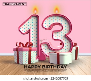 3D render number of Happy Birthday years. 13 anniversary of the birthday, Candle in the form of numbers with 3D gift elements. Vector illustration, pink color