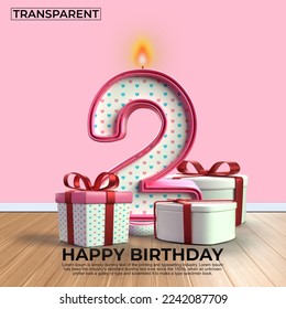 3D render number of Happy Birthday years. 2 anniversary of the birthday, Candle in the form of numbers with 3D gift elements. Vector illustration, pink color