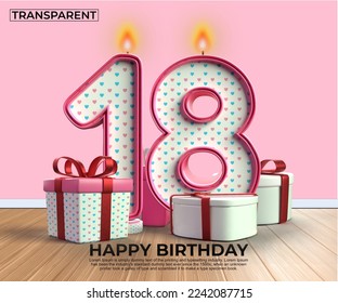 3D render number of Happy Birthday years. 18 anniversary of the birthday, Candle in the form of numbers with 3D gift elements. Vector illustration, pink color