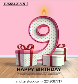 3D render number of Happy Birthday years. 9 anniversary of the birthday, Candle in the form of numbers with 3D gift elements. Vector illustration, pink color