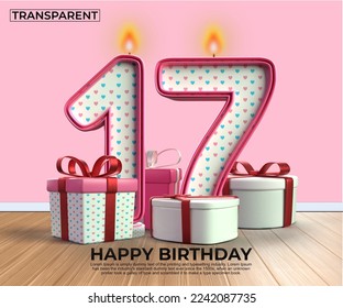 3D render number of Happy Birthday years. 17 anniversary of the birthday, Candle in the form of numbers with 3D gift elements. Vector illustration, pink color