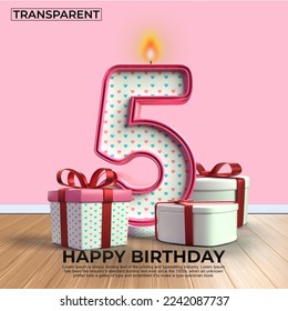 3D render number of Happy Birthday years. 5 anniversary of the birthday, Candle in the form of numbers with 3D gift elements. Vector illustration, pink color