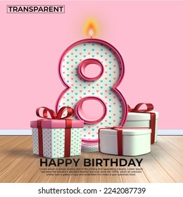 3D render number of Happy Birthday years. 8 anniversary of the birthday, Candle in the form of numbers with 3D gift elements. Vector illustration, pink color