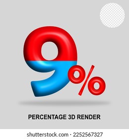 3D render number percentage red blue glosy color