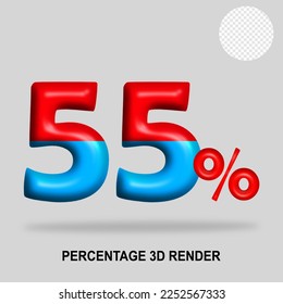 3D render number percentage red blue glosy color